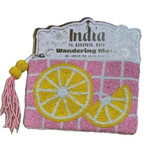 🩷💛 Made in India Wandering Moon pink &
yellow Lemon beaded travel pouch-NWT💛🩷